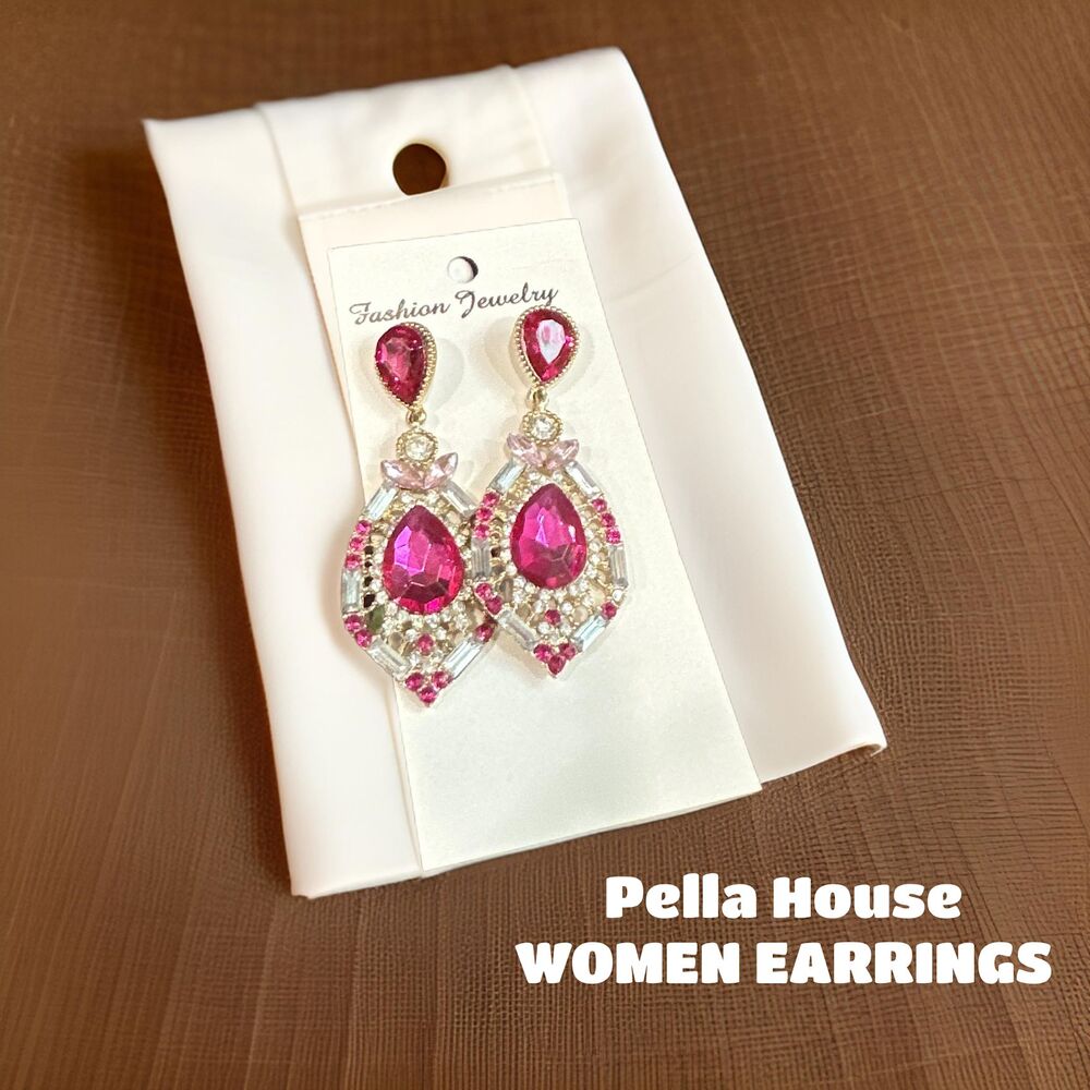 Opolski Women Earrings Teardrop Shape Big Drop Rhinestone Earrings Jewelry PINK